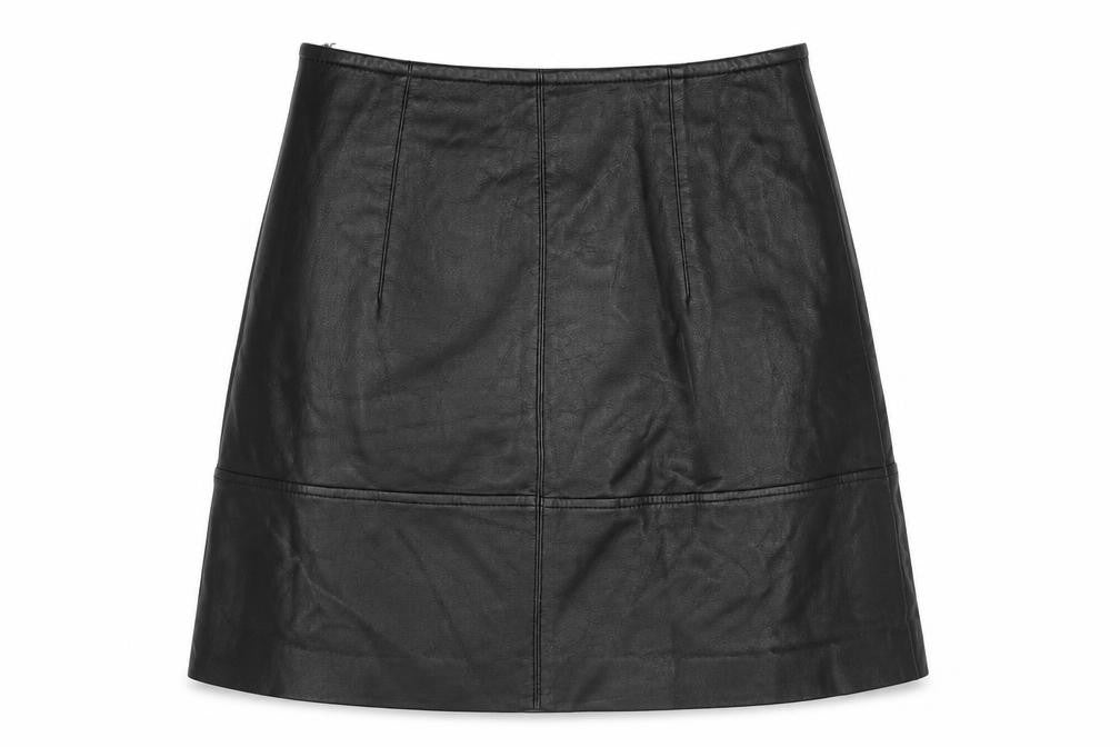 Front view of H&M women’s black polyester a-line skirt, size UK 6, zip