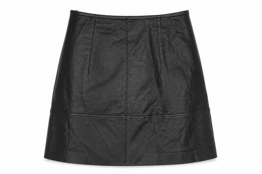 Front view of H&M women’s black polyester a-line skirt, size UK 6, zip