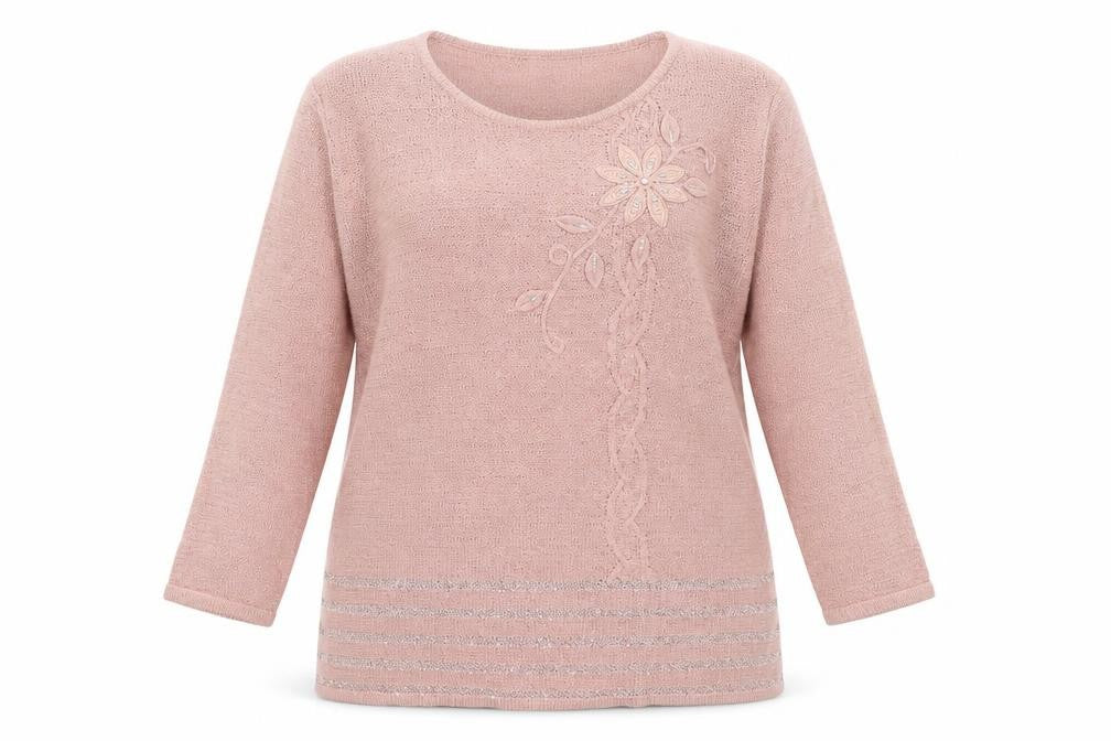Front view of Slimma women’s pink round neck acrylic jumper, size UK 16