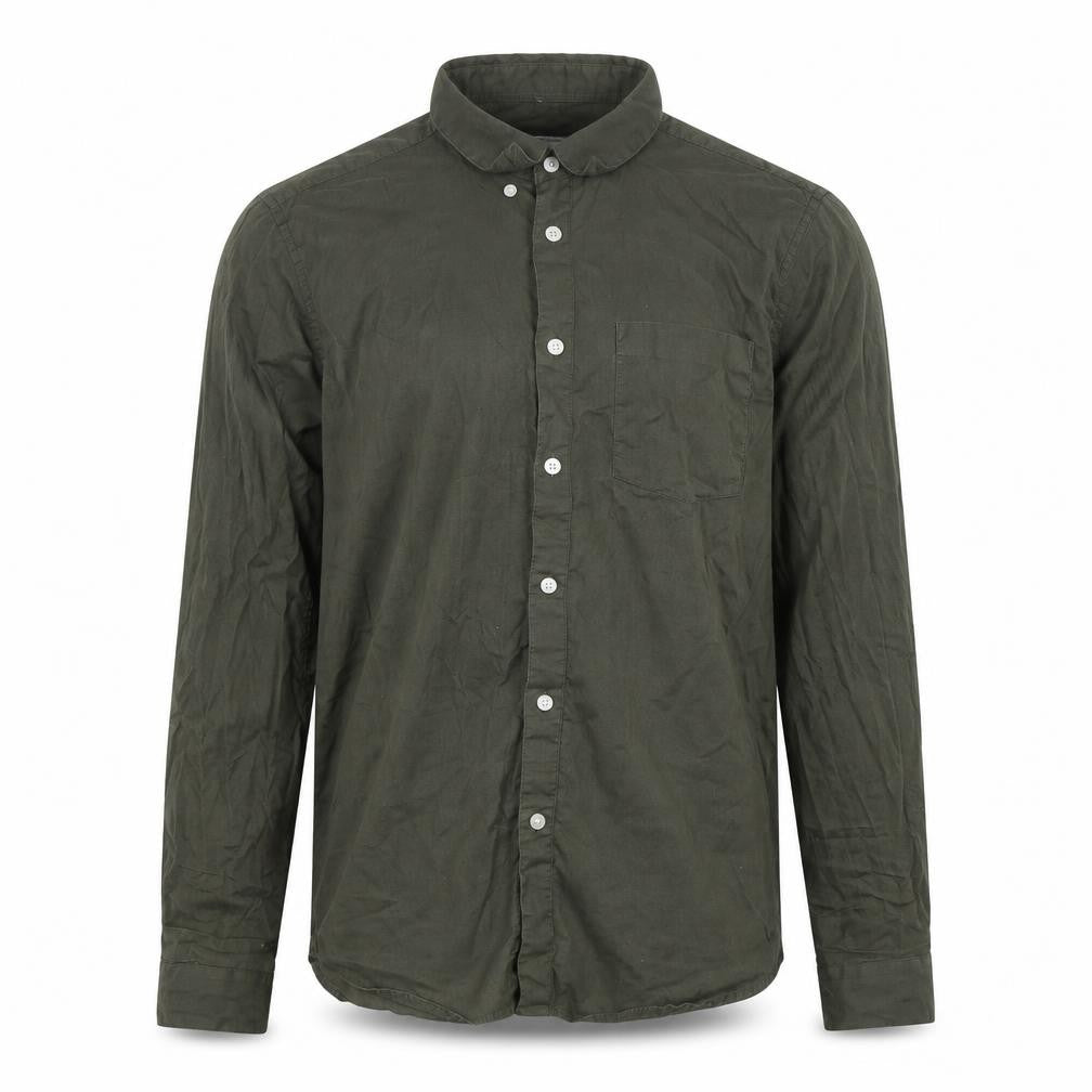 Front view of River Island men’s green cotton button-up, size S, collared button