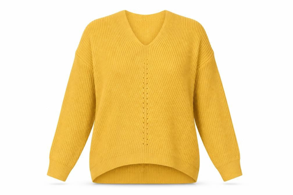 Front view of New Look women’s yellow v-neck acrylic jumper, size L