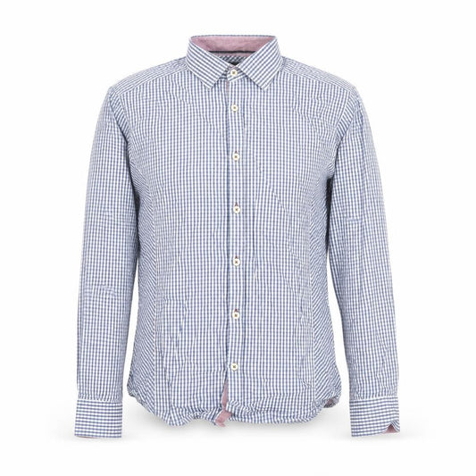 Front view of Remus Uomo men’s blue plaid cotton button-up, size M, collared button