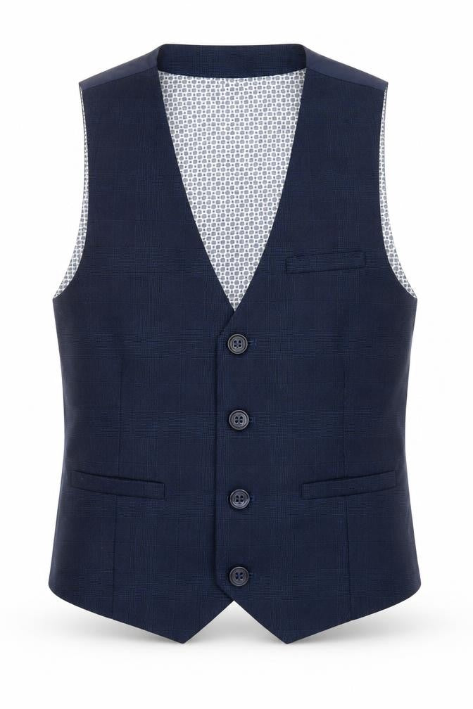 Front view of Next boys’ blue jacket waistcoat, size 6, years button