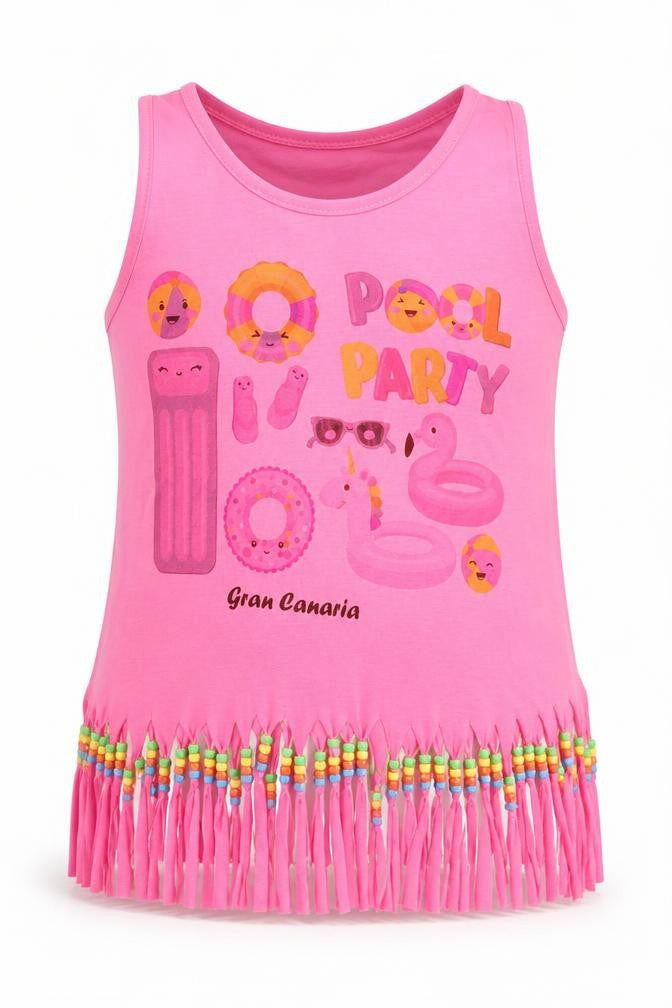 Front view of Preworn girls’ pink polyester basic tank, size XL, crew neck pullover - pool party gran canaria