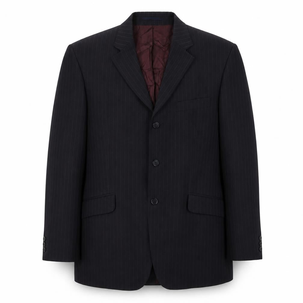 Front view of Jonathan Adams men’s blue striped polyester jacket suit jacket, size 40