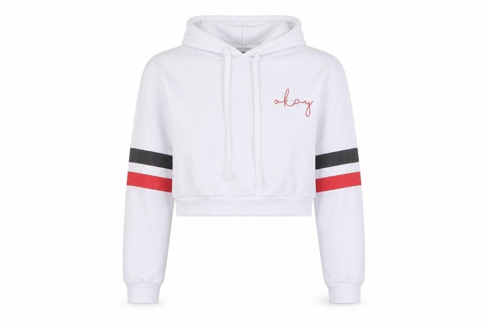 Front view of SHEIN women’s white polyester pullover hoodie, size S, - cropped