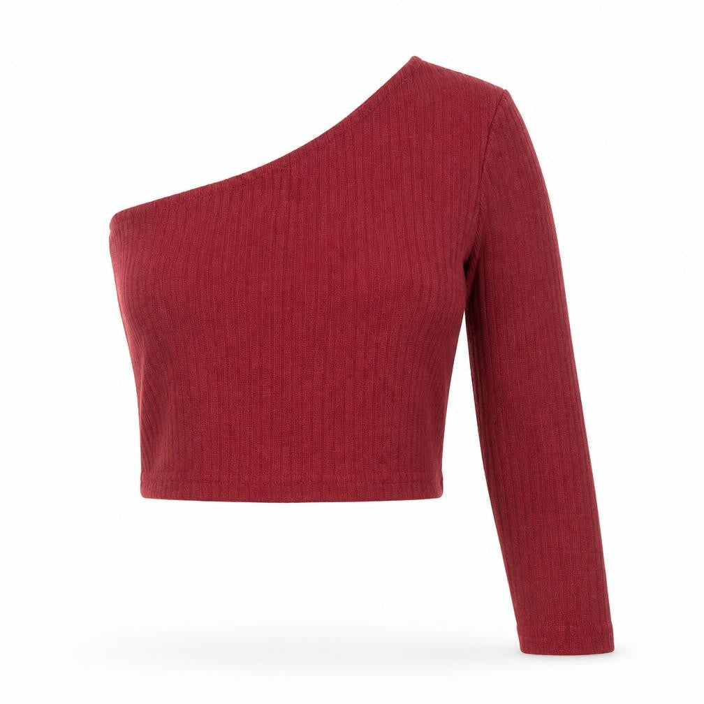 Front view of SHEIN women’s red scoop neck polyester jumper, size S, - off shoulder