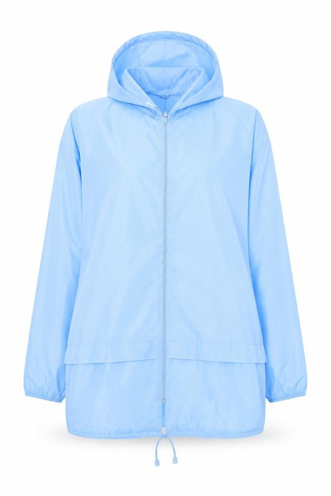 Front view of Barish women’s blue rain coat coat, size L, zip