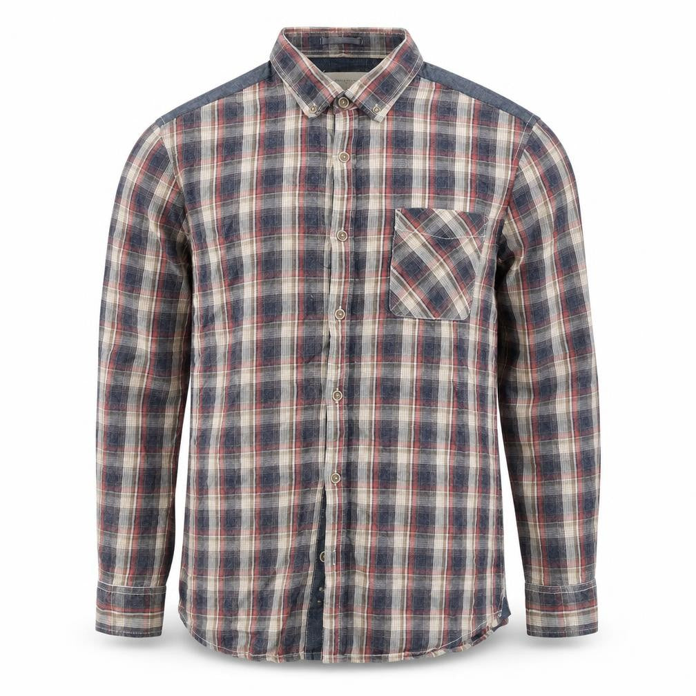 Front view of River Island men’s blue plaid cotton button-up, size L, collared button
