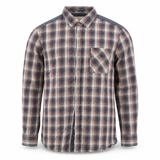 Front view of River Island men’s blue plaid cotton button-up, size L, collared button