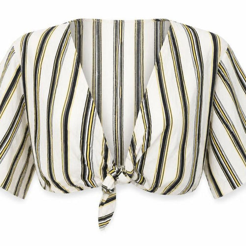 New Look Womens White Striped Cotton Cropped Blouse Size 12 V-Neck - tie detail