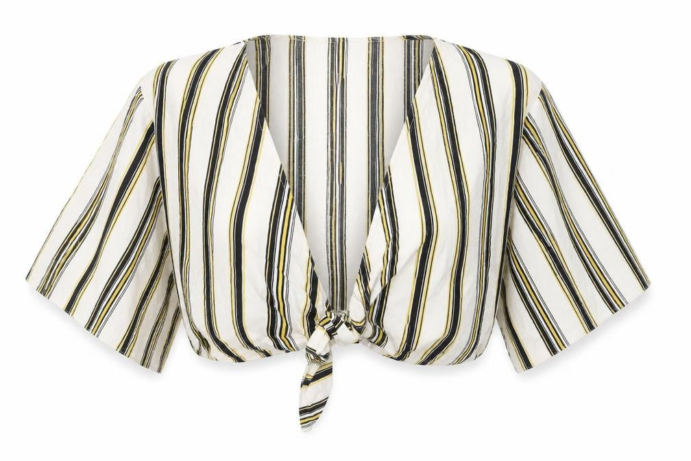 New Look Womens White Striped Cotton Cropped Blouse Size 12 V-Neck - tie detail