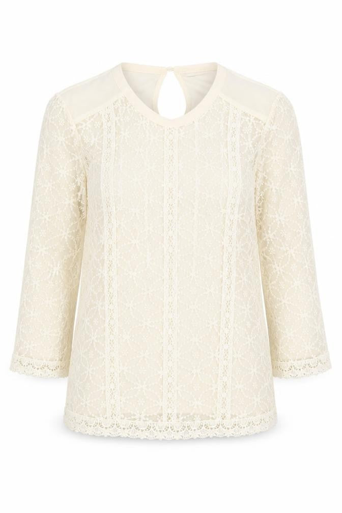 Front view of Oasis women’s ivory geometric polyester basic t-shirt, size XS, round neck
