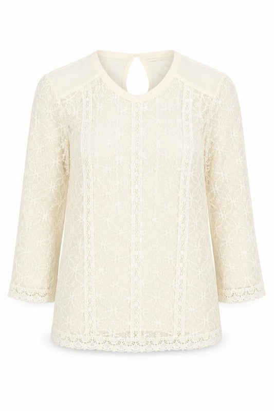 Front view of Oasis women’s ivory geometric polyester basic t-shirt, size XS, round neck