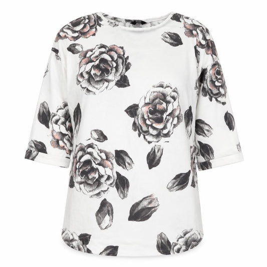 Front view of F&F women’s ivory round neck floral polyester jumper, size UK 10