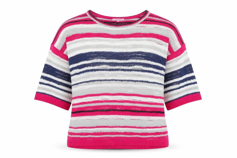 Front view of Marks & Spencer women’s pink round neck striped acrylic jumper, size L
