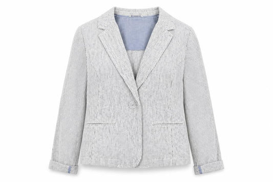 Front view of Marks & Spencer women’s ivory striped jacket blazer, size UK 12, button