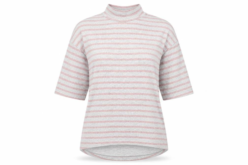 Front view of Bonmarché women’s grey mock neck striped polyester jumper, size UK 16
