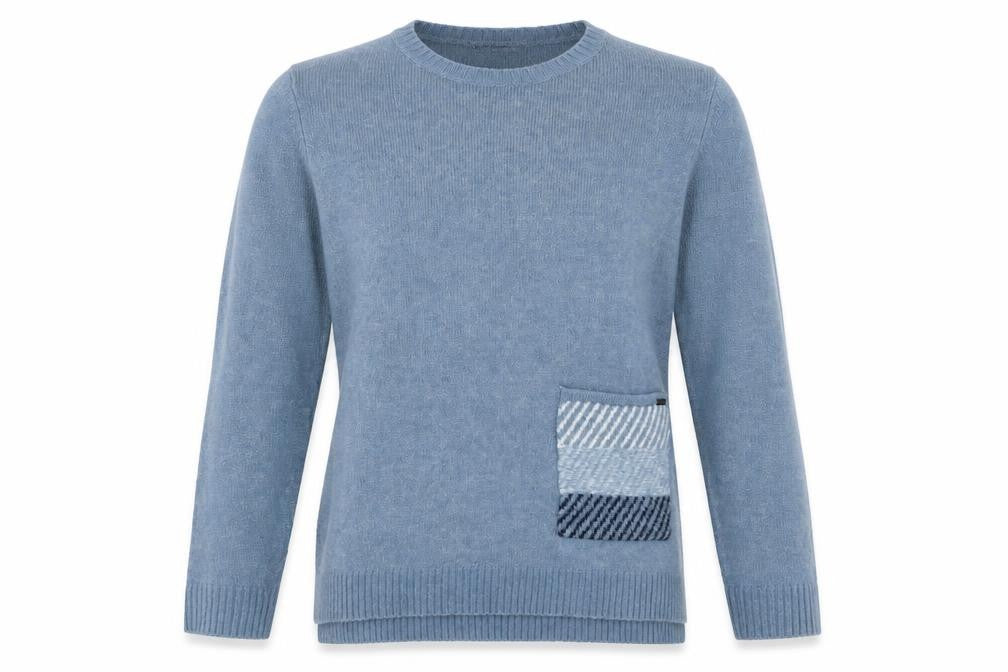 Front view of Picadilly women’s blue round neck acrylic jumper, size S