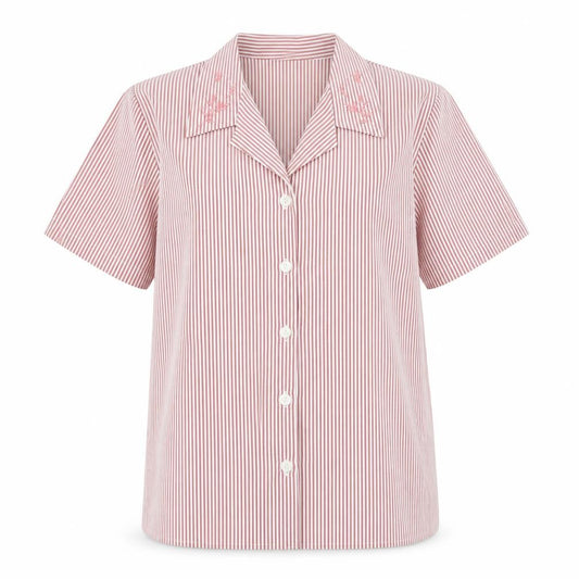 Front view of Boldgreen women’s pink striped cotton basic button-up, size L, collared