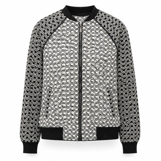 Front view of Misguided women’s black geometric jacket, size UK 10, zip