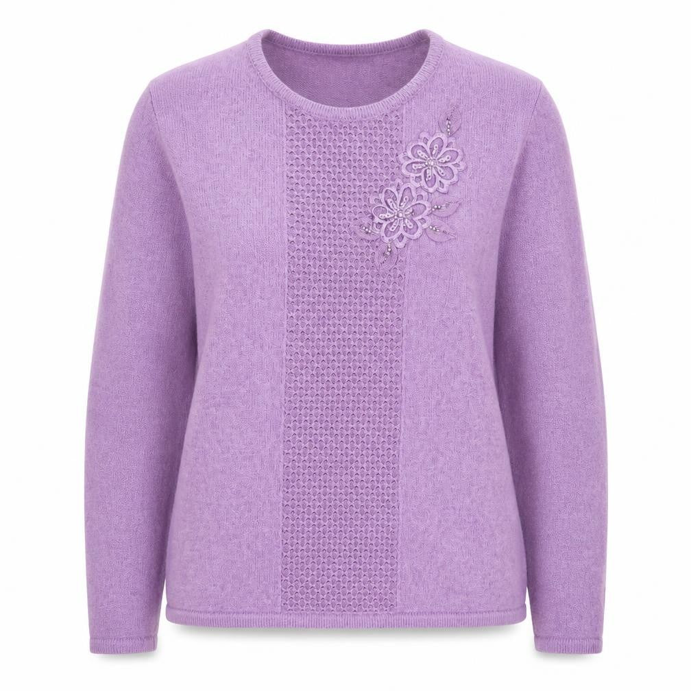 Front view of Bonmarché women’s purple round neck acrylic jumper, size S