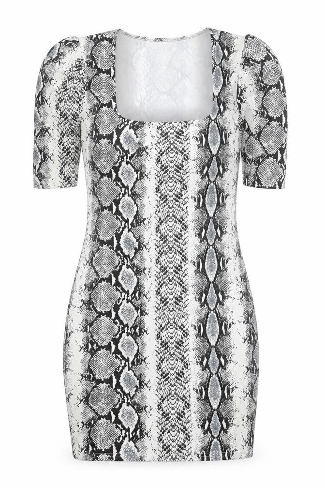 Front view of PRETTYLITTLETHING women’s grey animal print polyester bodycon, size UK 8, square neck pullover