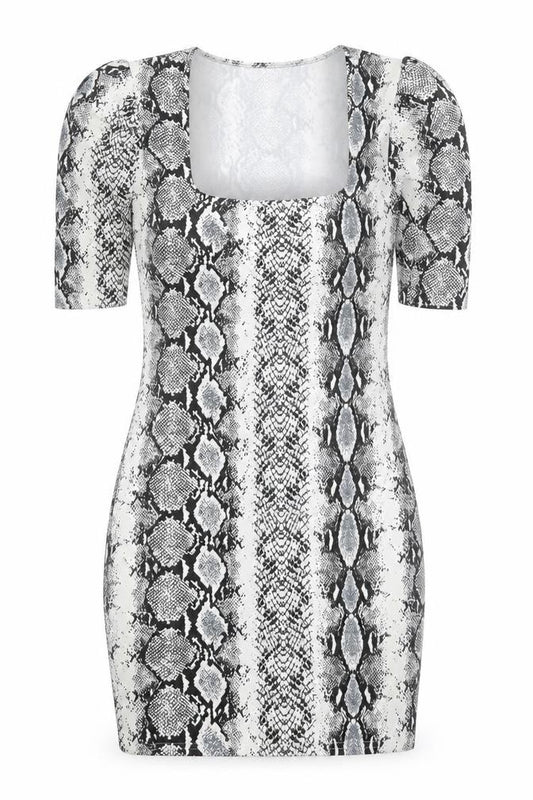 Front view of PRETTYLITTLETHING women’s grey animal print polyester bodycon, size UK 8, square neck pullover