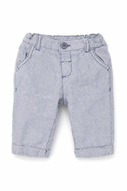 Front view of Marks & Spencer Baby Blue Houndstooth 100% Cotton Cropped Trousers, size 0-3, Months Button