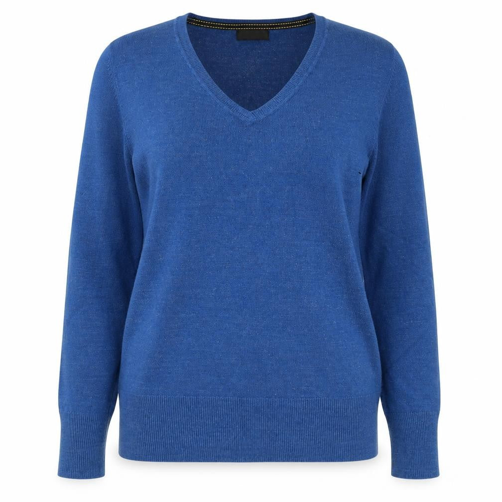 Front view of Next women’s blue v-neck acrylic jumper, size UK 8