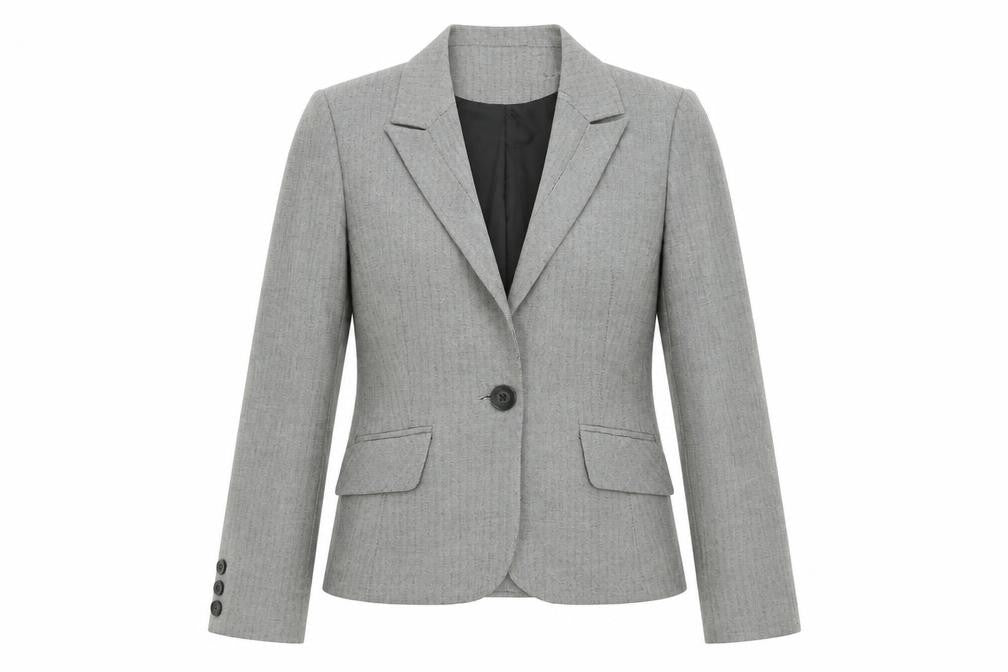 Front view of Dorothy Perkins women’s grey geometric jacket blazer, size UK 10, button
