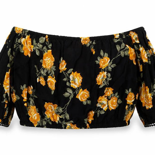 Miss Selfridge Womens Black Floral Viscose Cropped T-Shirt Size 10 Off the Shoulder
