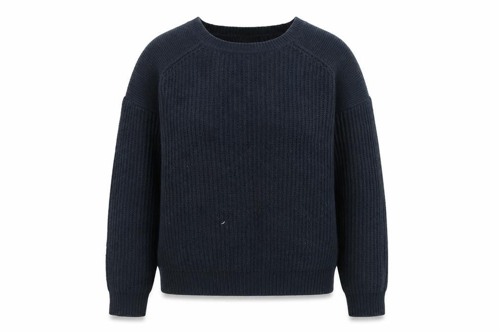 Front view of VILA women’s blue crew neck acrylic jumper, size M