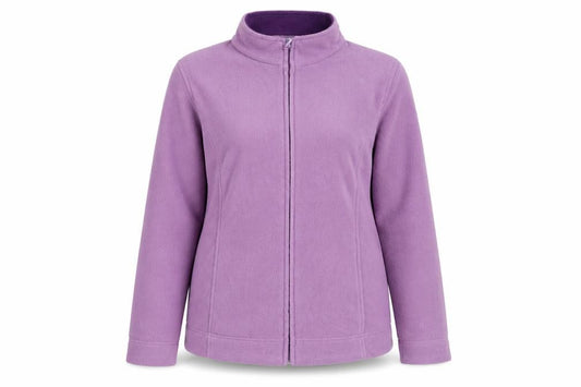 Front view of EWM women’s purple jacket, size M, zip