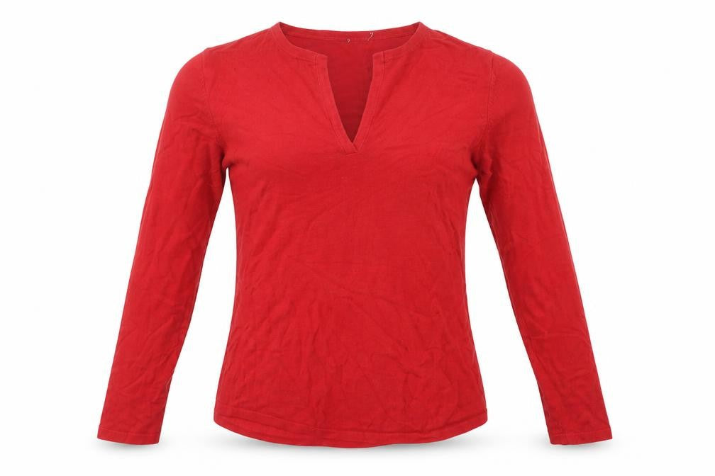 Front view of Oasis women’s red v-neck viscose jumper, size S