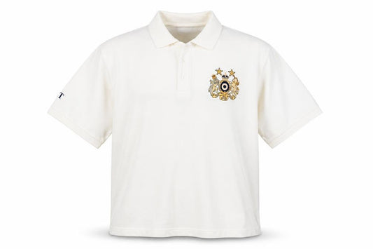 Front view of Disley men’s white polyester polo, size XL, collared button