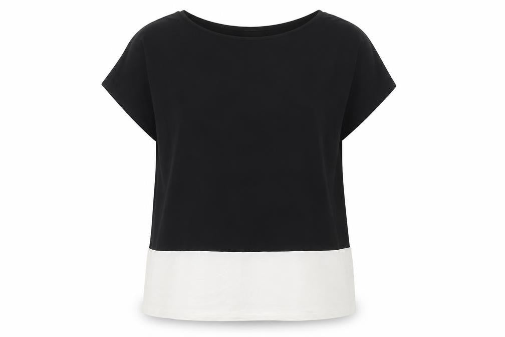 Front view of First Avenue women’s black colourblock viscose basic blouse, size UK 12, boat neck