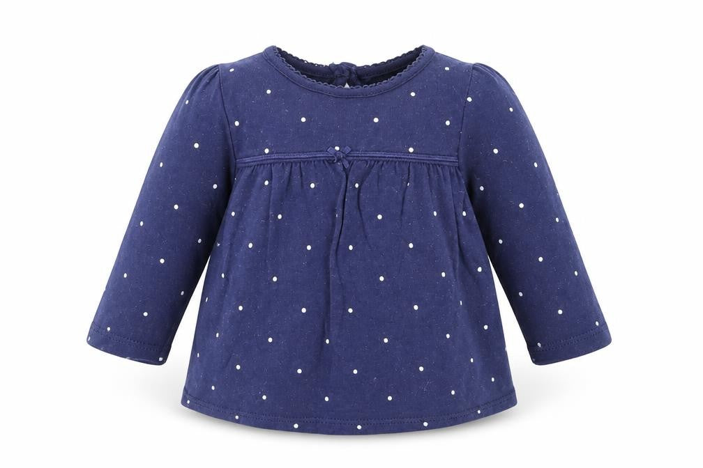 Front view of George Baby Blue Polka Dot Cotton Basic Blouse, size 0-3, Months Crew Neck Button