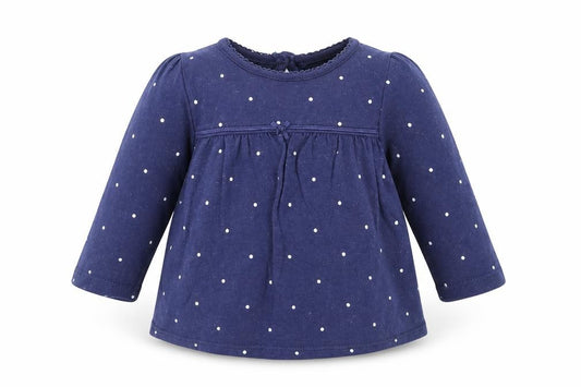 Front view of George Baby Blue Polka Dot Cotton Basic Blouse, size 0-3, Months Crew Neck Button