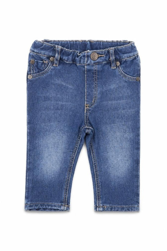 Front view of H&M Baby Blue Cotton Jogger Jeans, size 3-6, Months Button