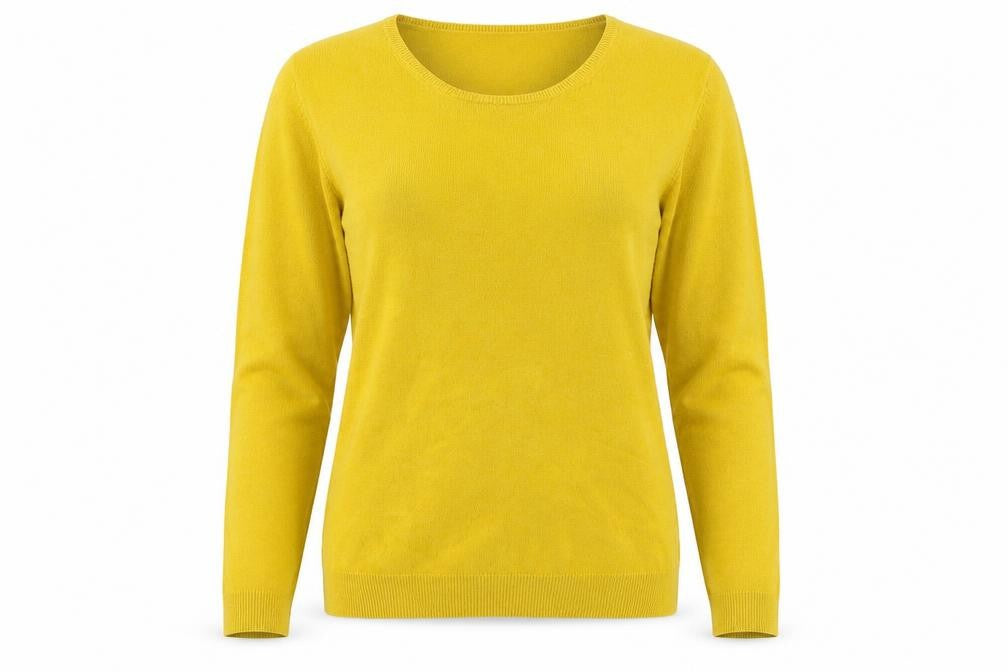 Front view of BHS women’s yellow crew neck acrylic jumper, size UK 14