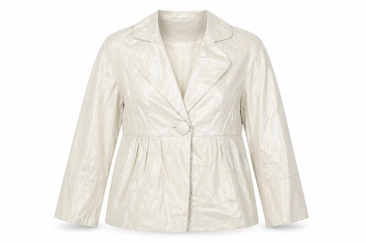 Front view of Papaya women’s beige jacket, size UK 10, button