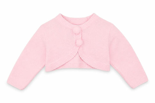 Front view of Little Nosh Baby Pink Acrylic Cardigan Jumper, size 6-9, Months Button