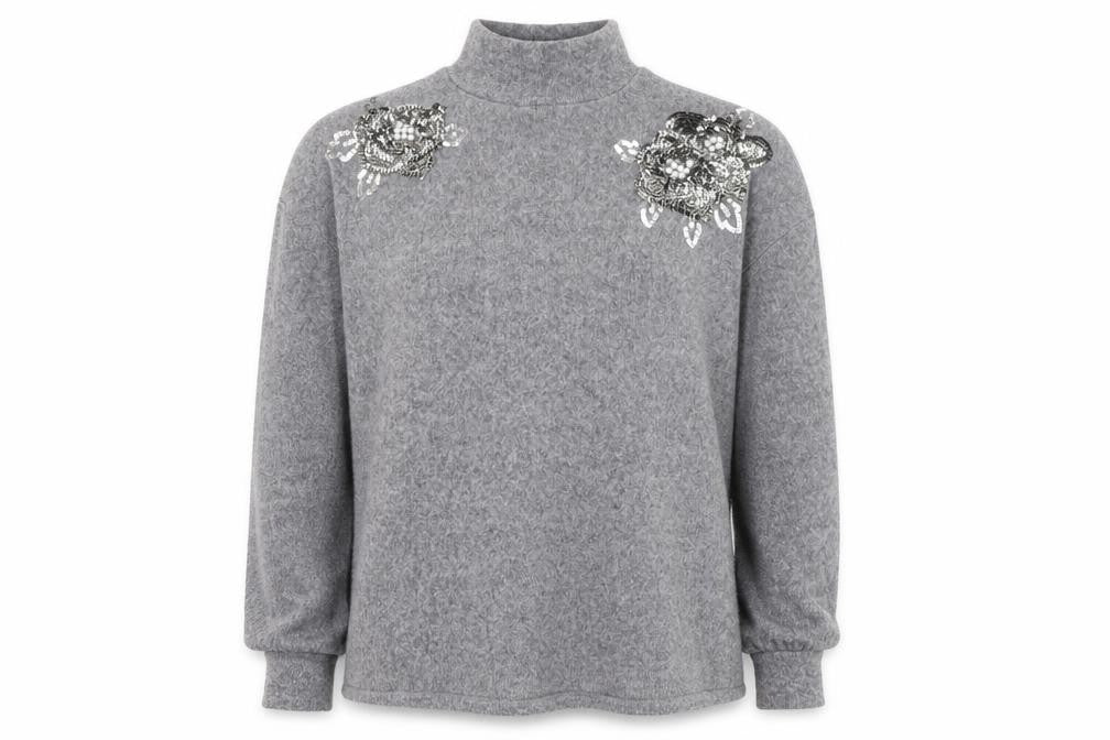 Front view of F&F women’s grey high neck acrylic jumper, size UK 8