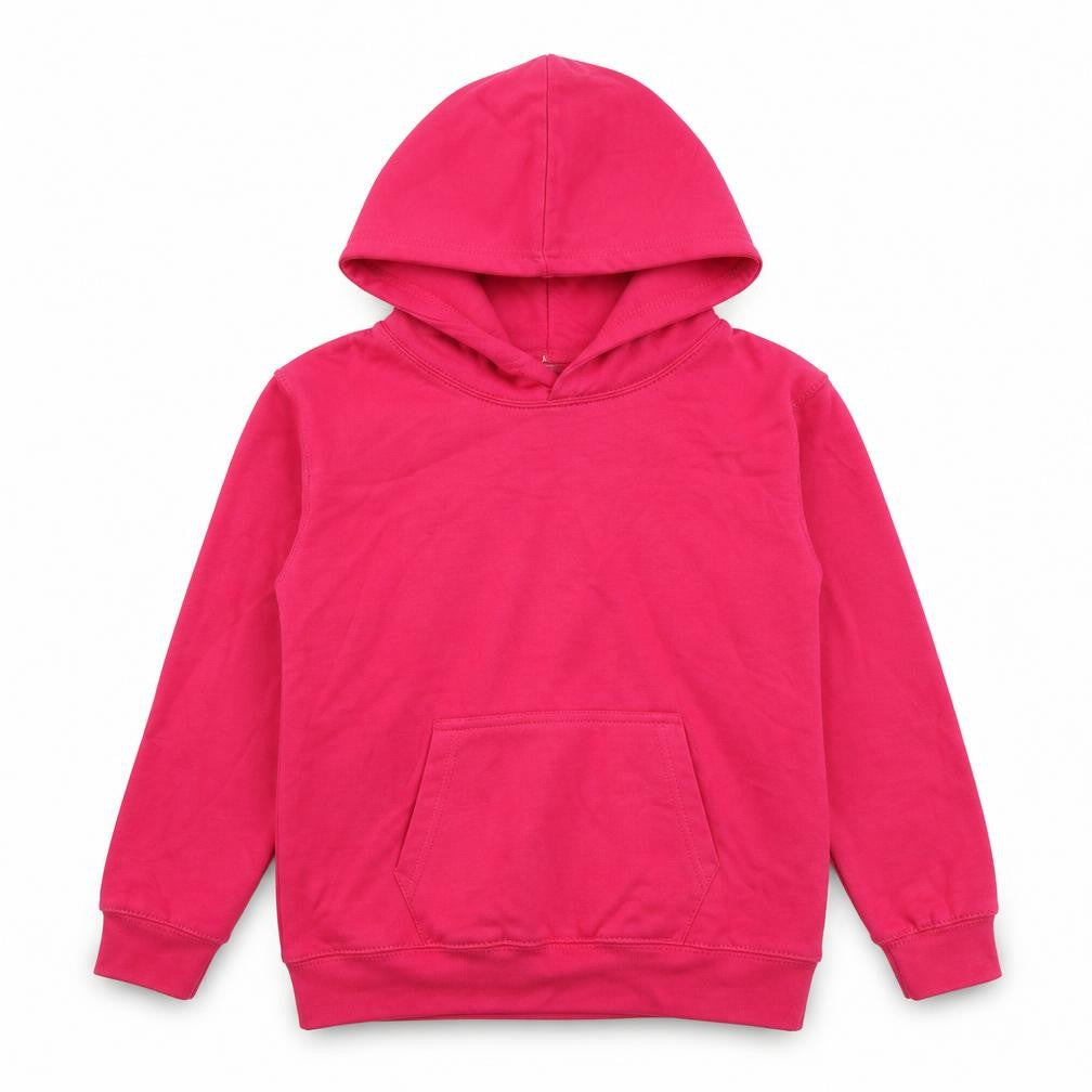 Front view of Just Hoods girls’ pink cotton pullover hoodie, size 9-10, years pullover