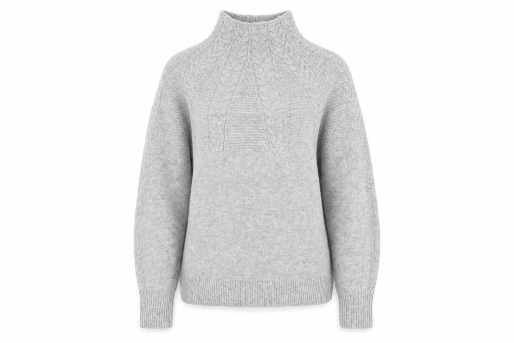 Front view of Topshop women’s grey high neck acrylic jumper, size XS