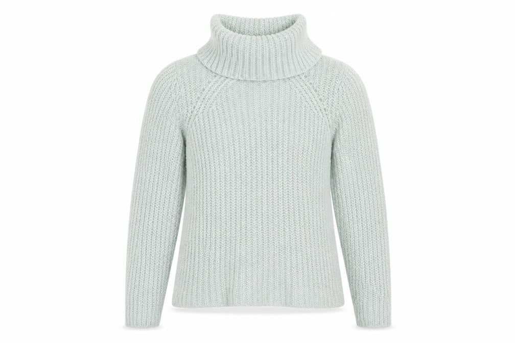 Front view of New Look women’s blue roll neck acrylic jumper, size UK 8