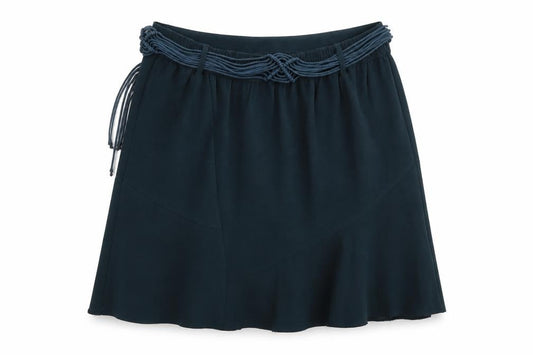 Front view of Isle women’s green polyester pleated skirt, size UK 14