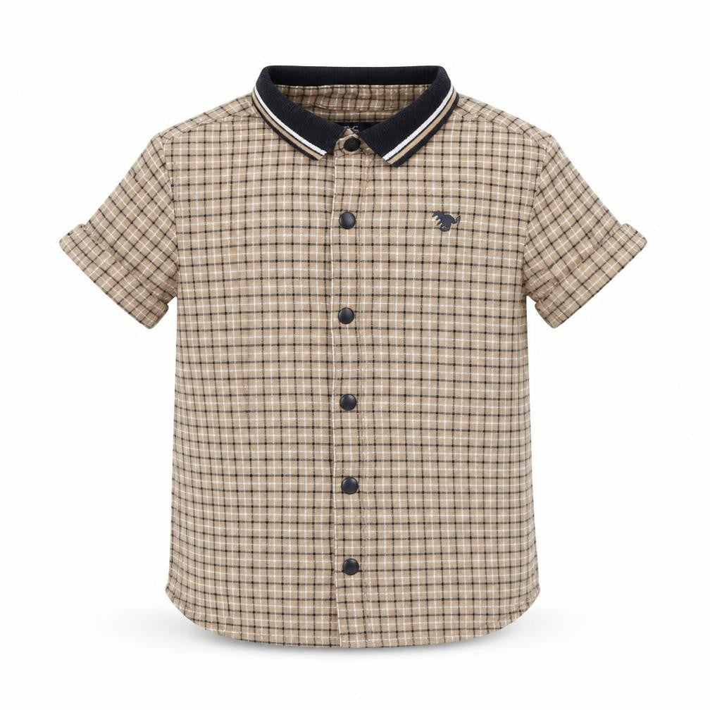 Front view of Next boys’ beige plaid cotton pullover polo, size 2-3, years collared button