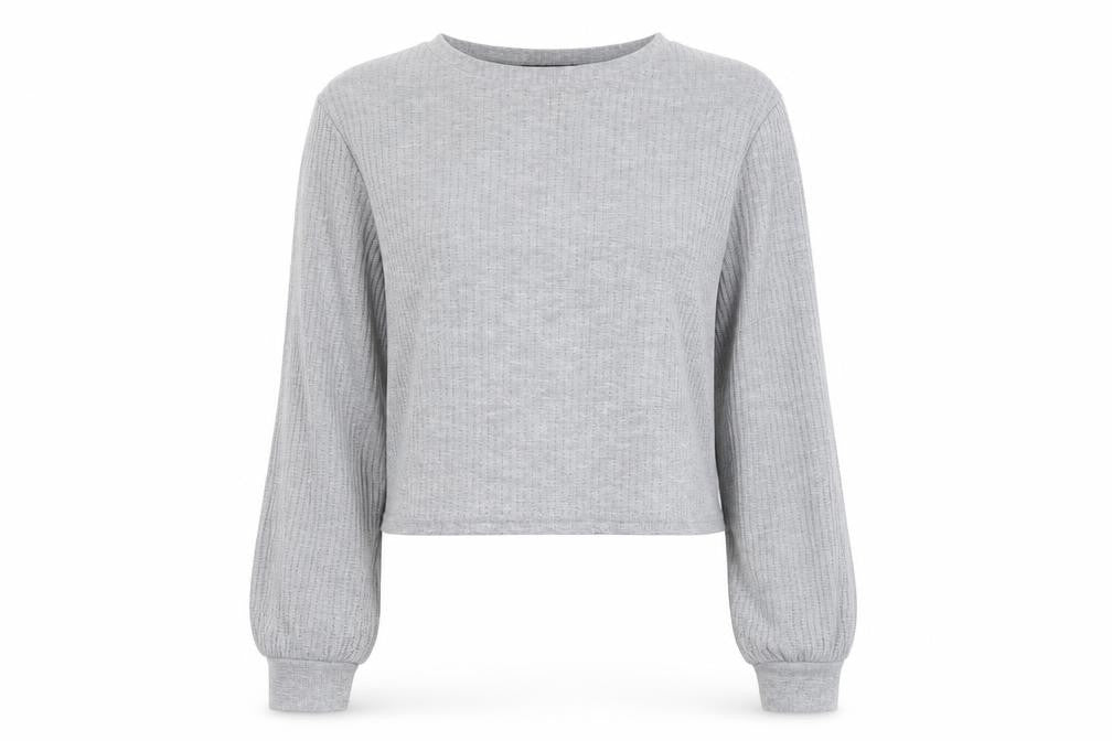 Front view of I SAW IT FIRST women’s grey round neck polyester jumper, size UK 14